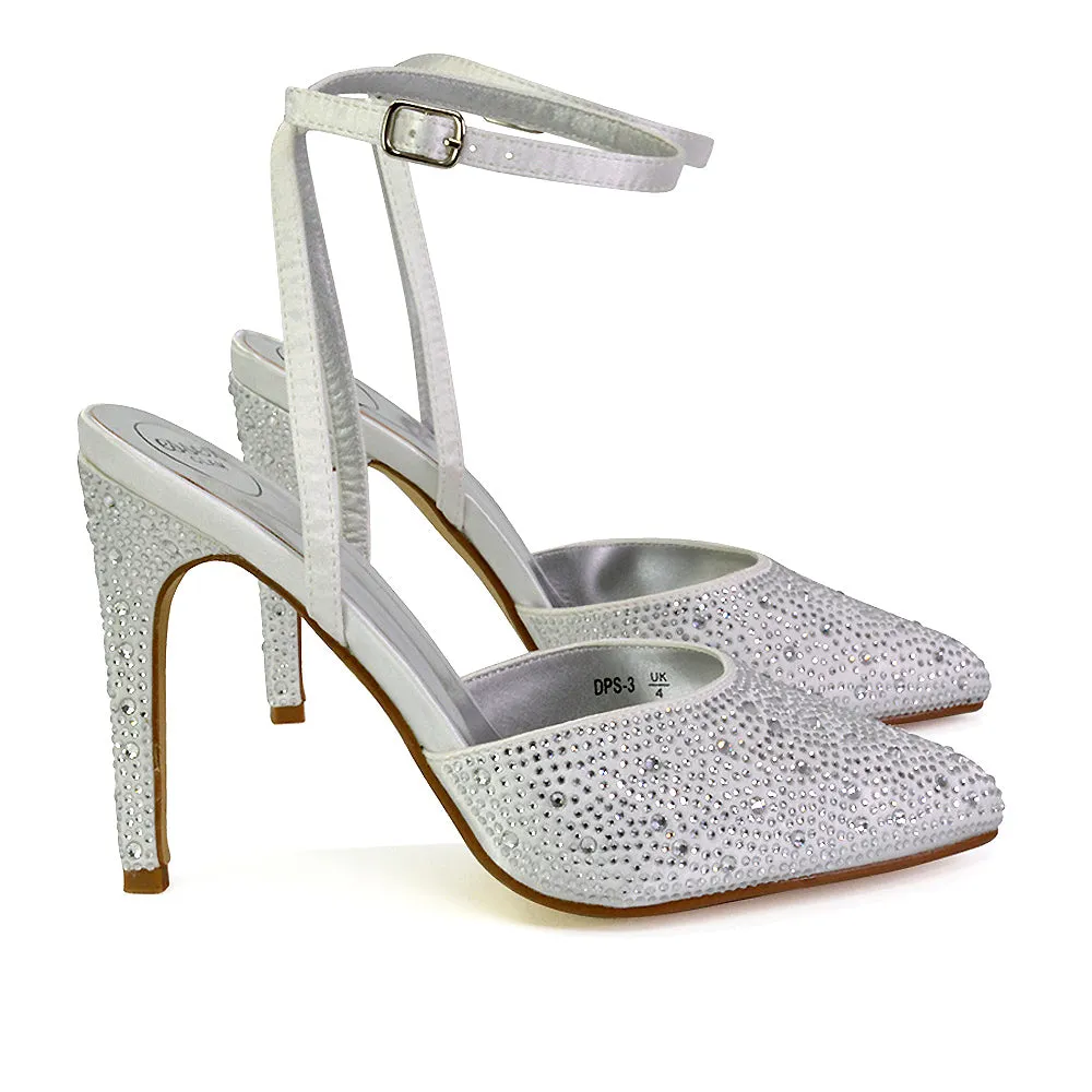 Indyah Diamante Court Shoes Stiletto High Heels Strappy Sandals in Ivory