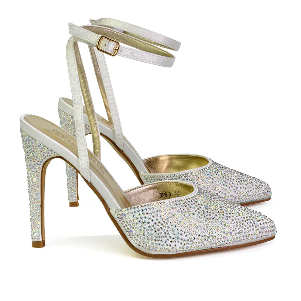 Indyah Diamante Court Shoes Stiletto High Heels Strappy Sandals in Ivory