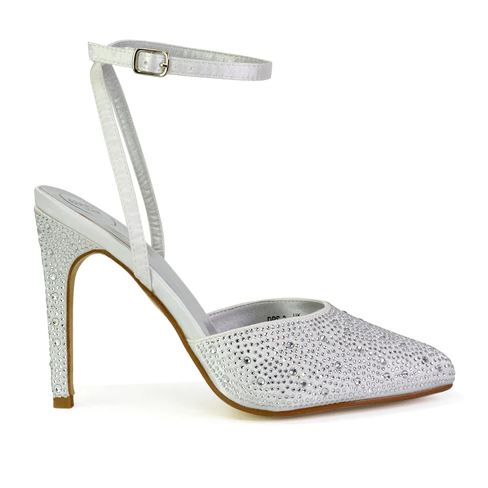 Indyah Diamante Court Shoes Stiletto High Heels Strappy Sandals in Ivory