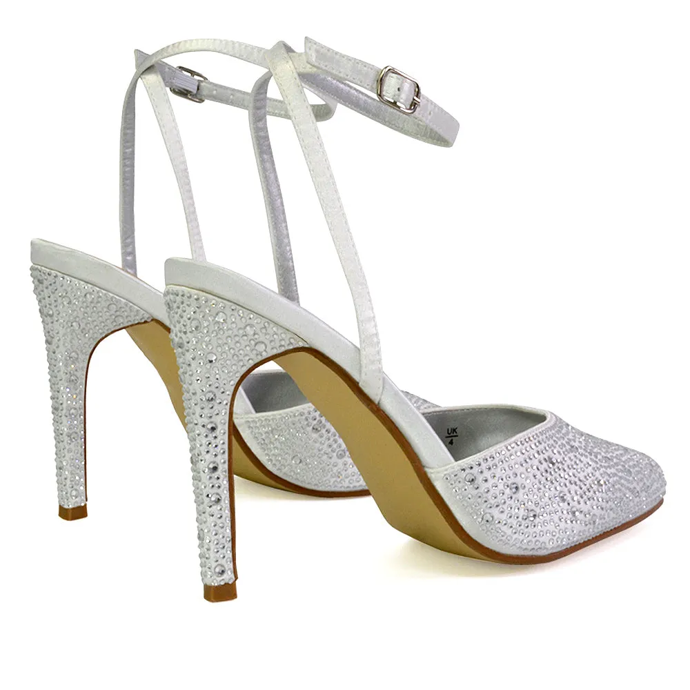 Indyah Diamante Court Shoes Stiletto High Heels Strappy Sandals in Ivory