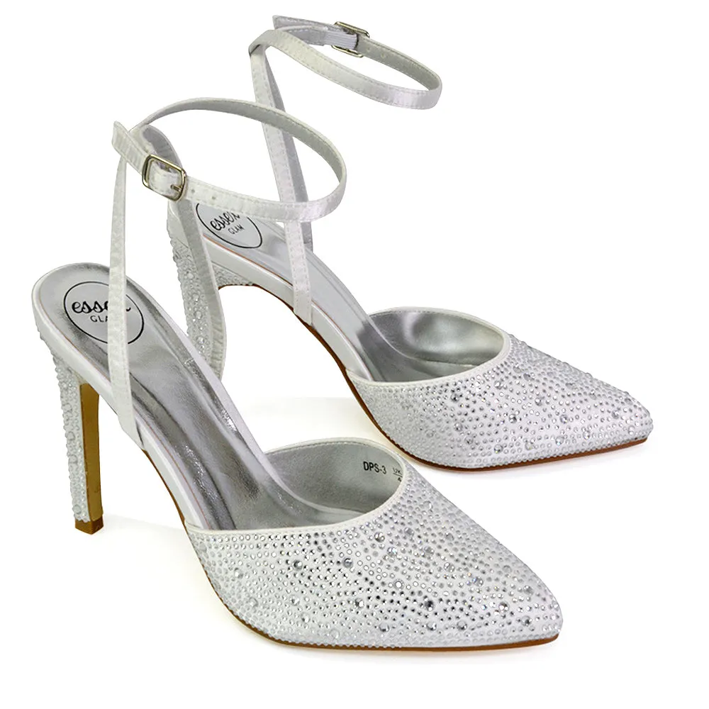 Indyah Diamante Court Shoes Stiletto High Heels Strappy Sandals in Ivory