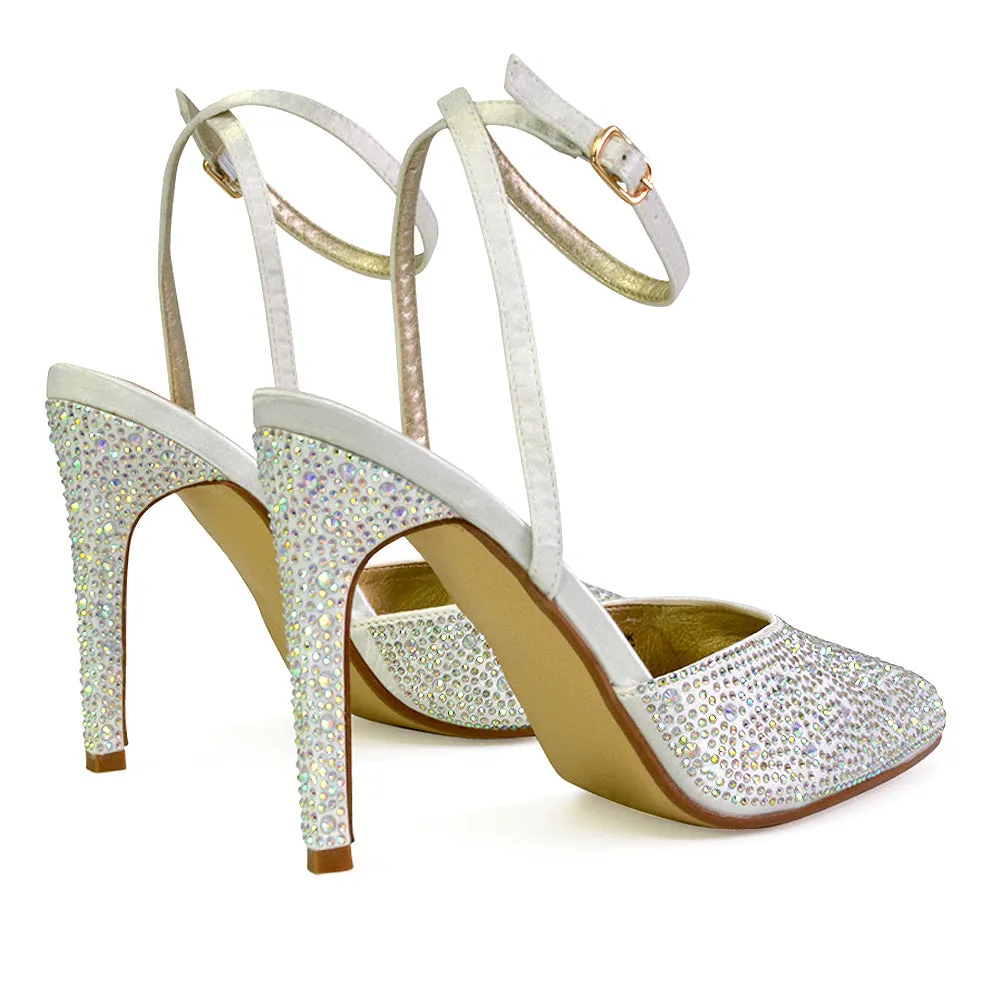 Indyah Diamante Court Shoes Stiletto High Heels Strappy Sandals in Ivory