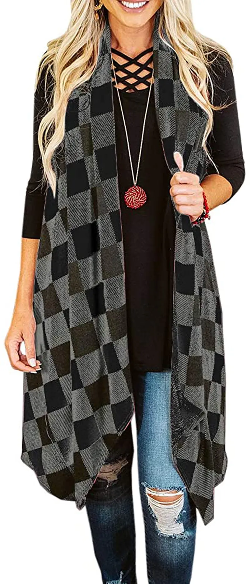 Ivay Womens Plaid Open Front Cardigan Sleeveless Drape Lightweight Vest Coat with Pockets