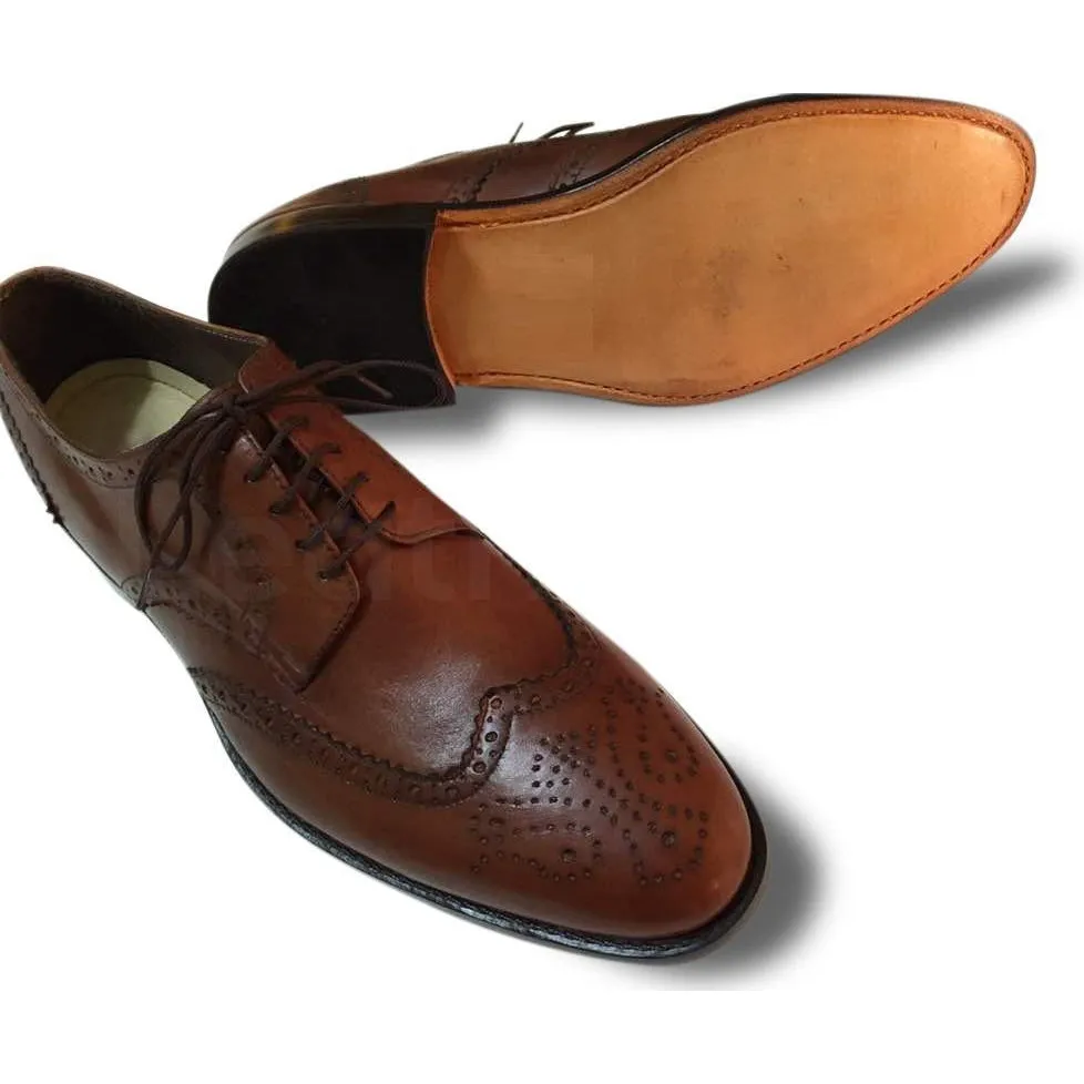 Men Brown Wingtip Brogue Derby Leather Shoes