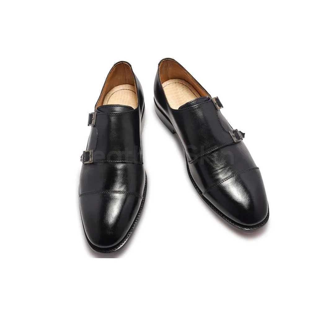 Men Double Monk Black Handmade Genuine Leather Shoes