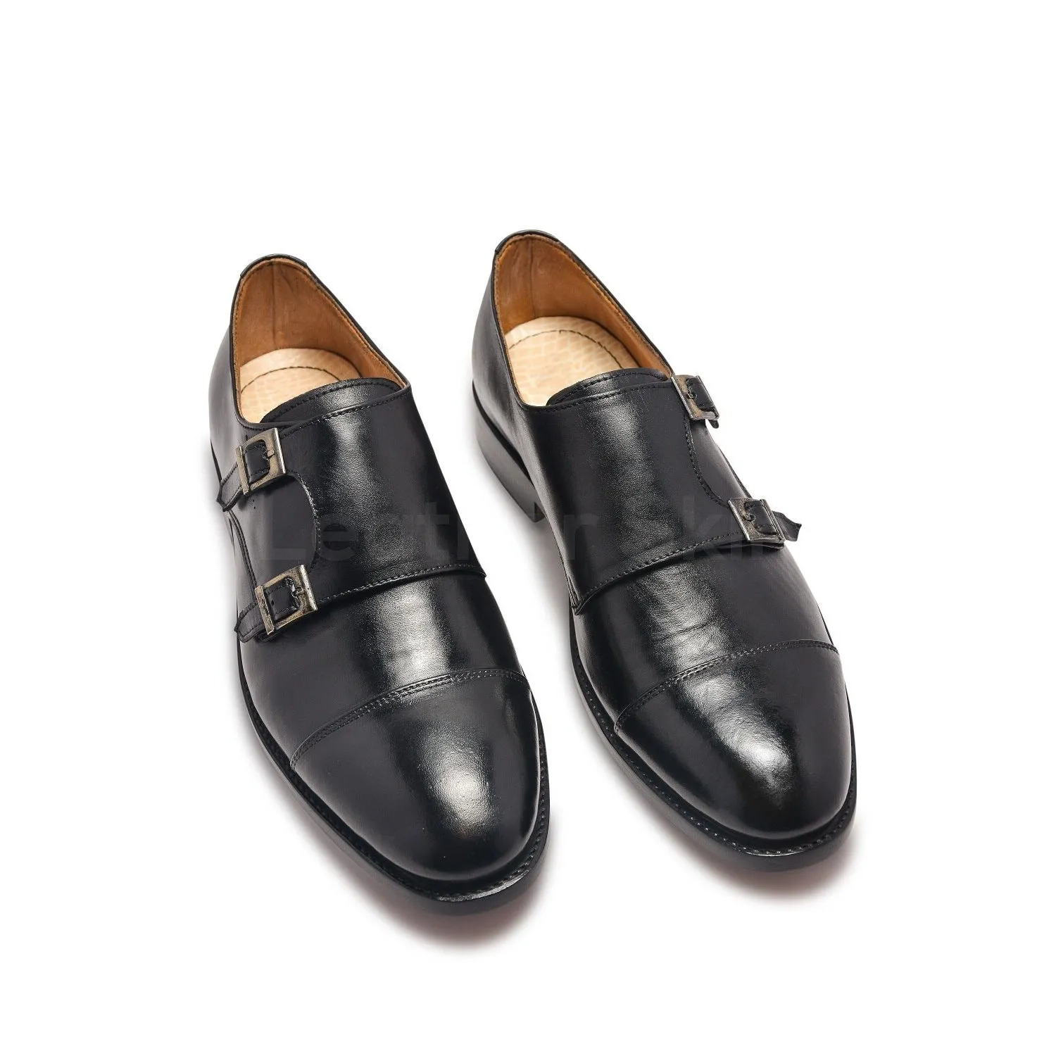 Men Double Monk Black Handmade Genuine Leather Shoes