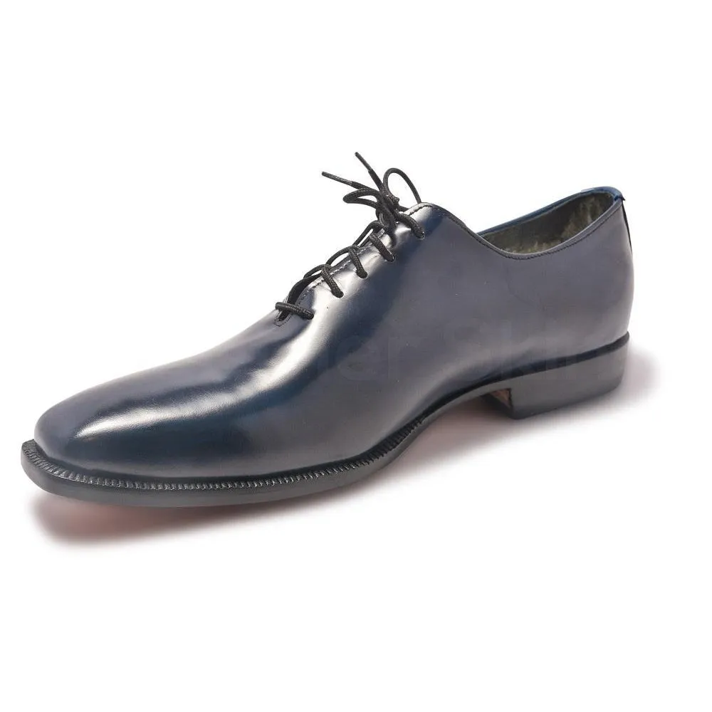 Men Navy Blue Genuine Leather Shoes with Black Laces