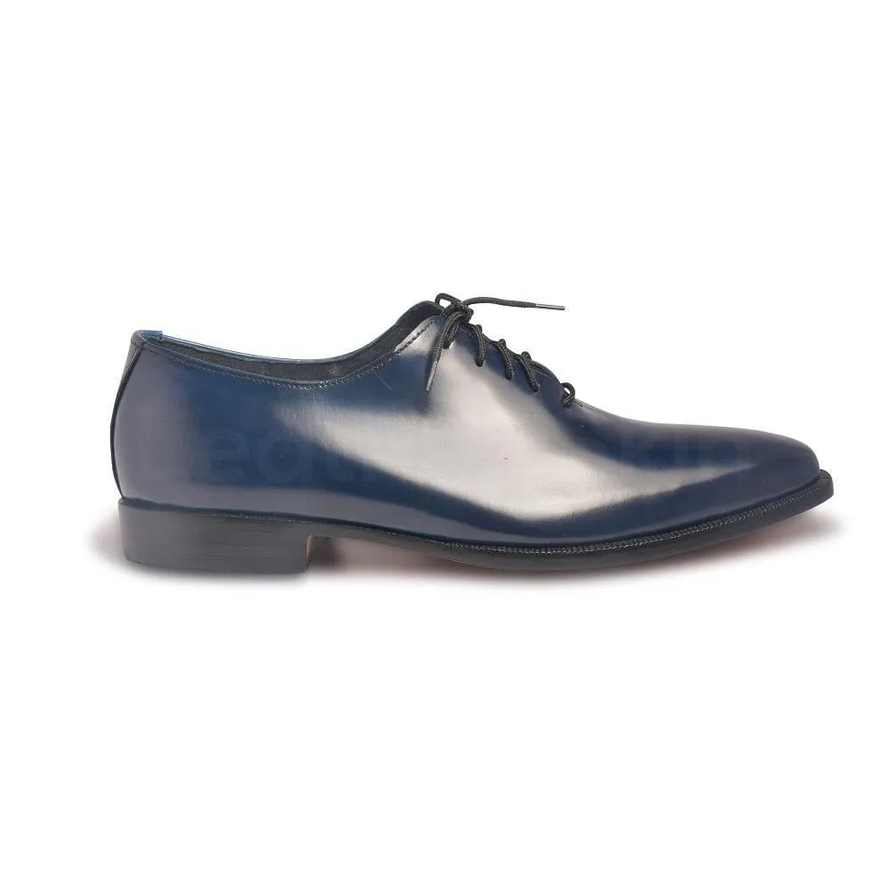 Men Navy Blue Genuine Leather Shoes with Black Laces