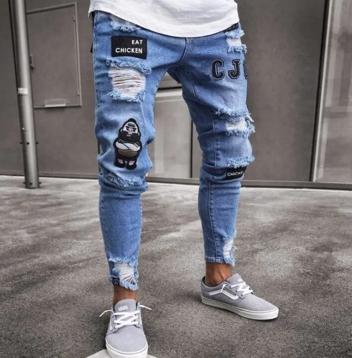 Men's Jeans Ripped Slim Jeans with Zipper Deco