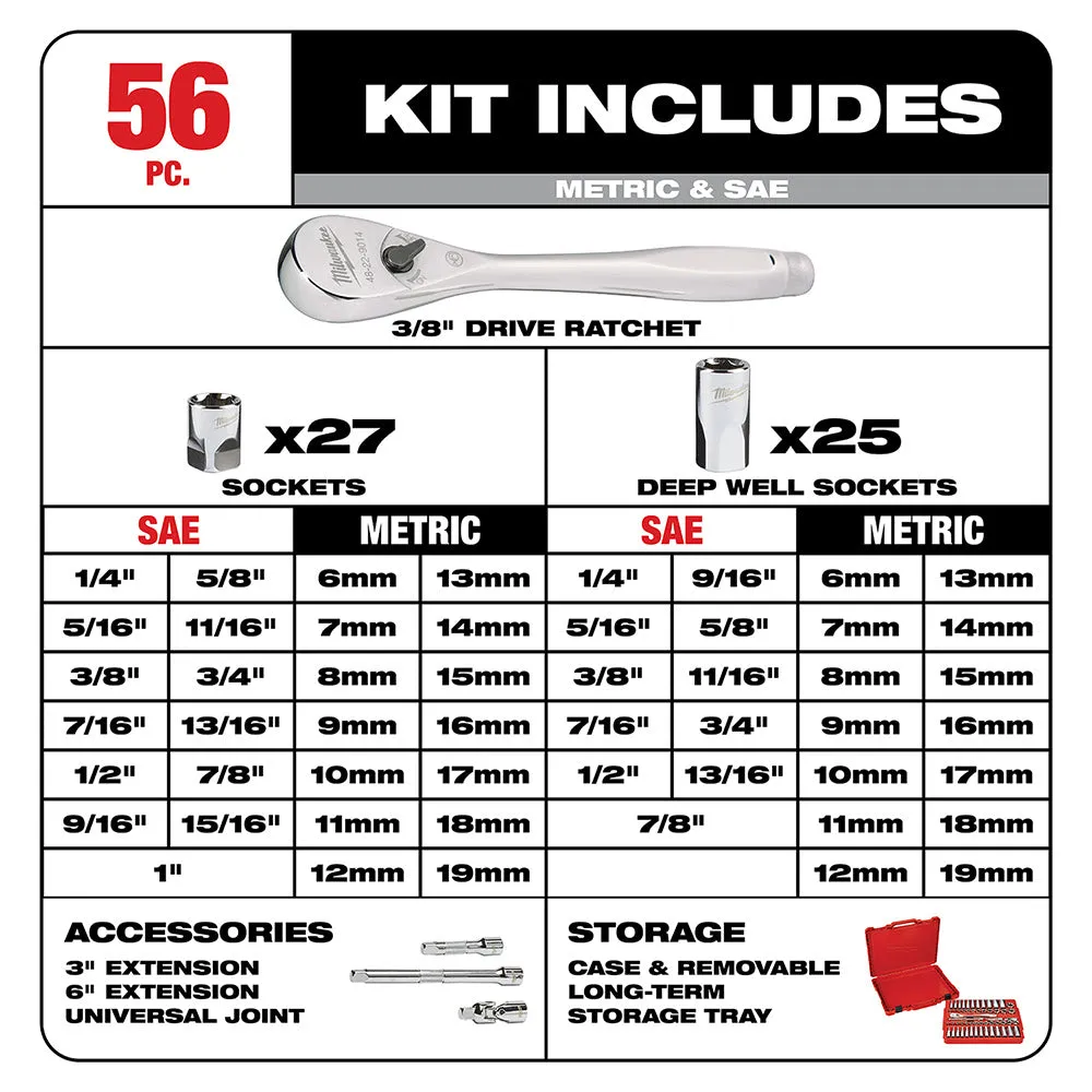 Milwaukee 48-22-9008 3/8" Drive 56 Piece Ratchet & Socket Set - SAE & Metric