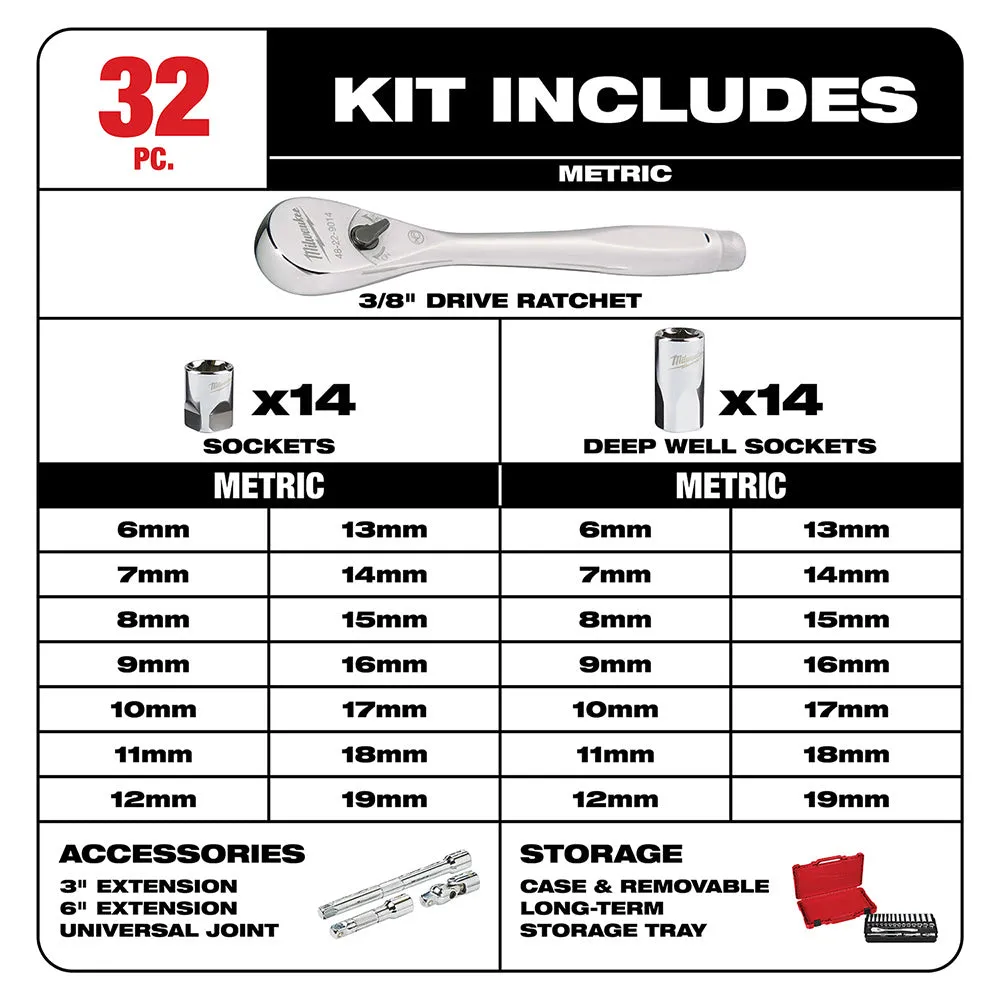 Milwaukee 48-22-9508 3/8" Drive 32 Piece Ratchet & Socket Set - Metric