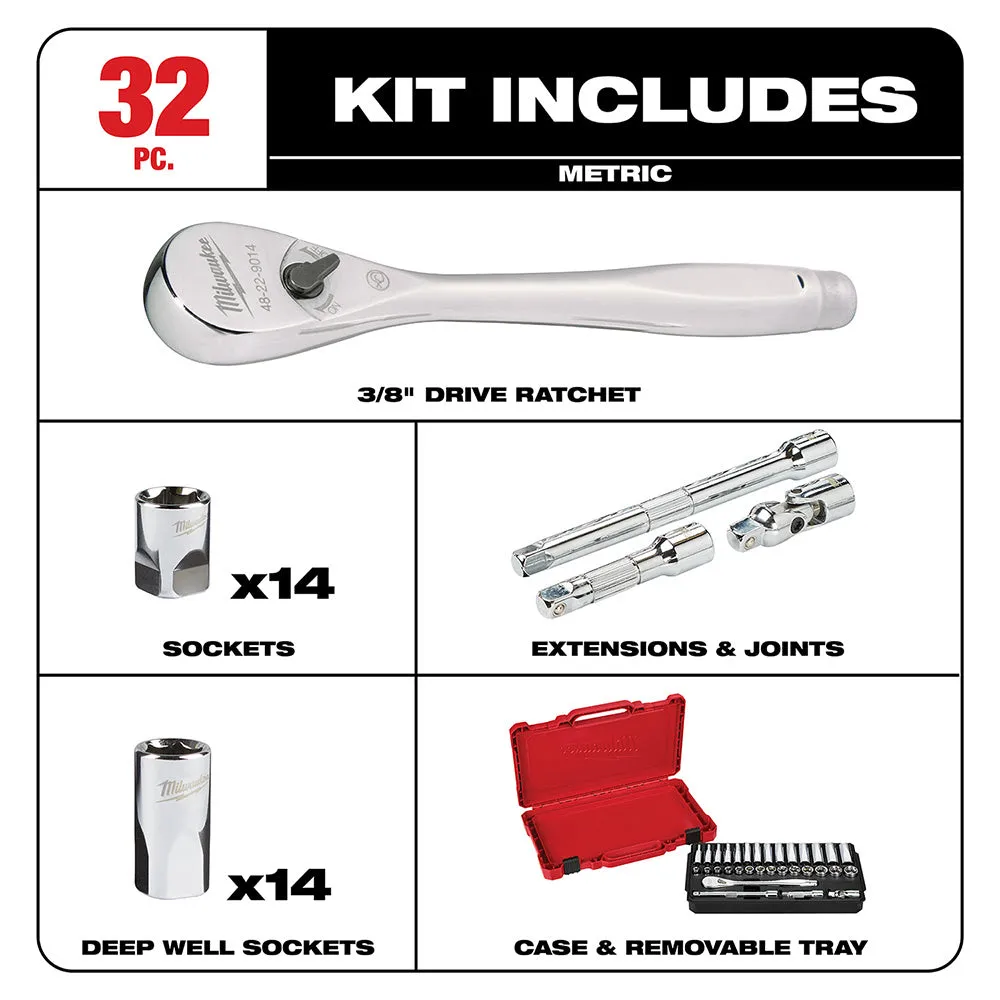 Milwaukee 48-22-9508 3/8" Drive 32 Piece Ratchet & Socket Set - Metric