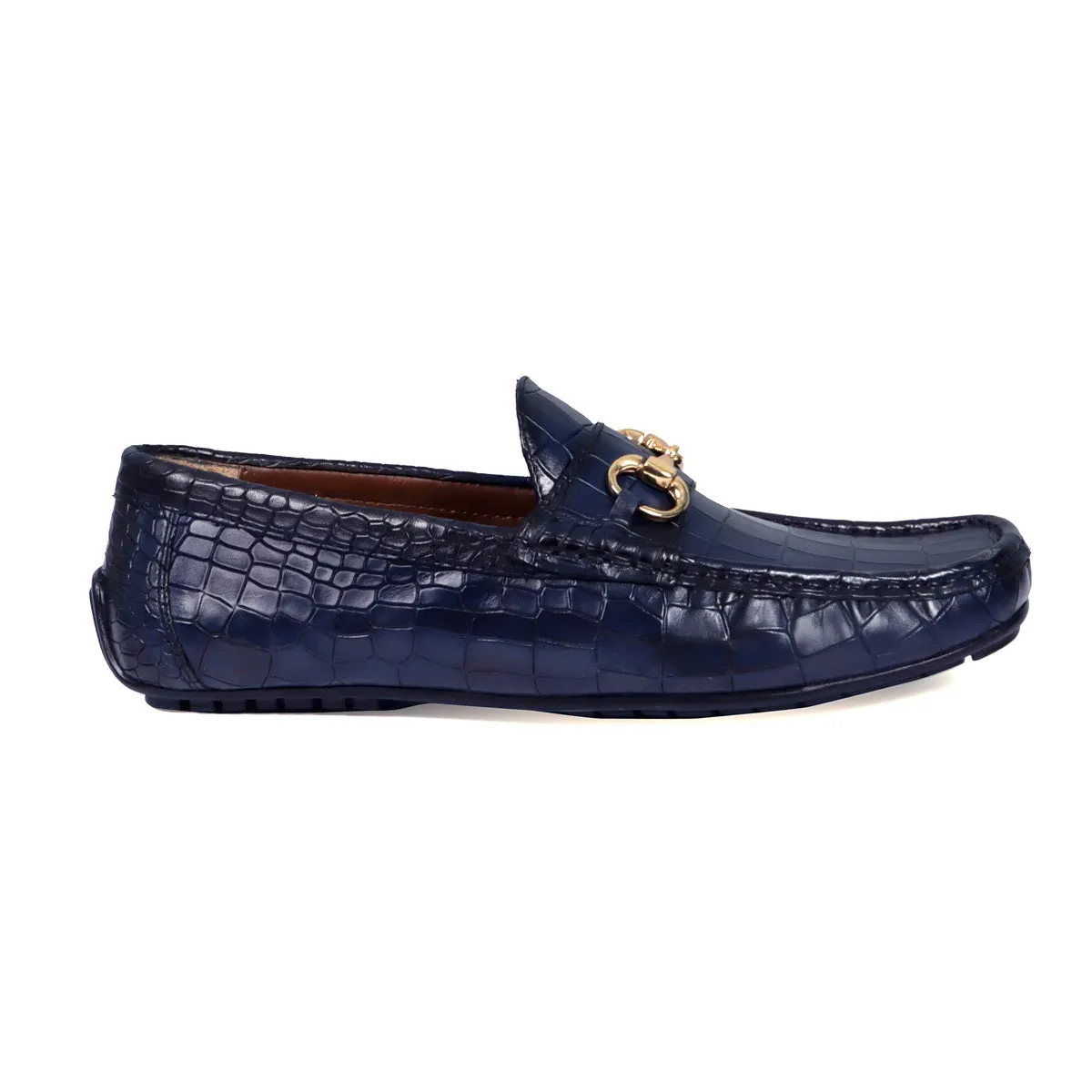 Navy Blue Croco Textured Leather Driving Loafer Shoe