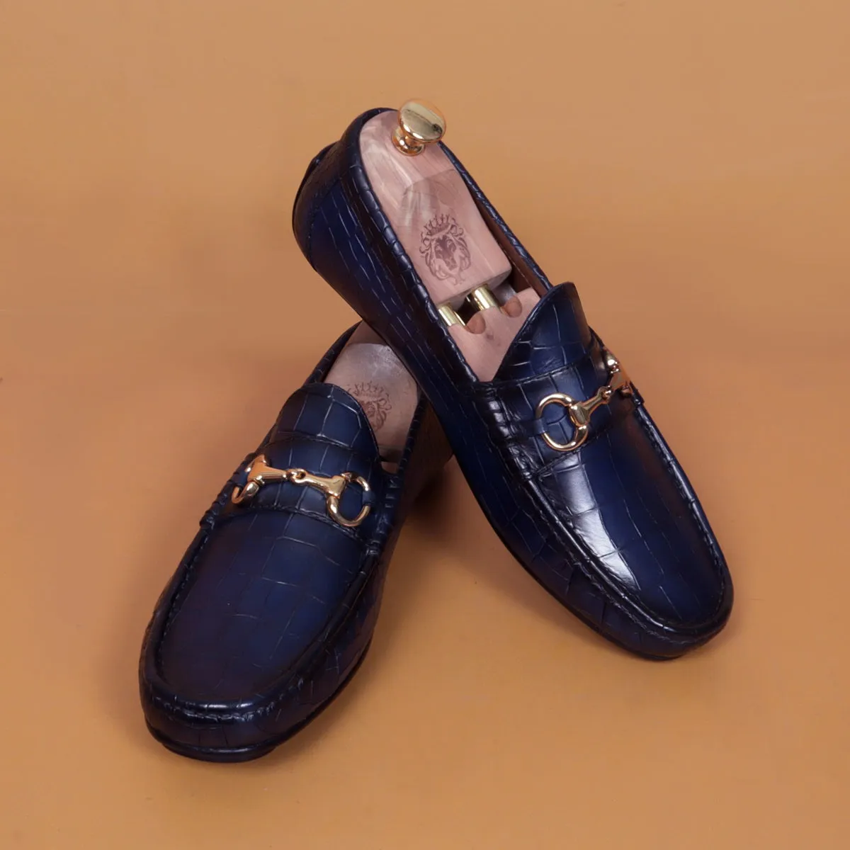 Navy Blue Croco Textured Leather Driving Loafer Shoe