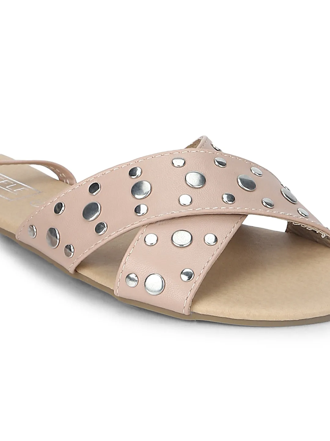 Nude Lace-up Studded Flats