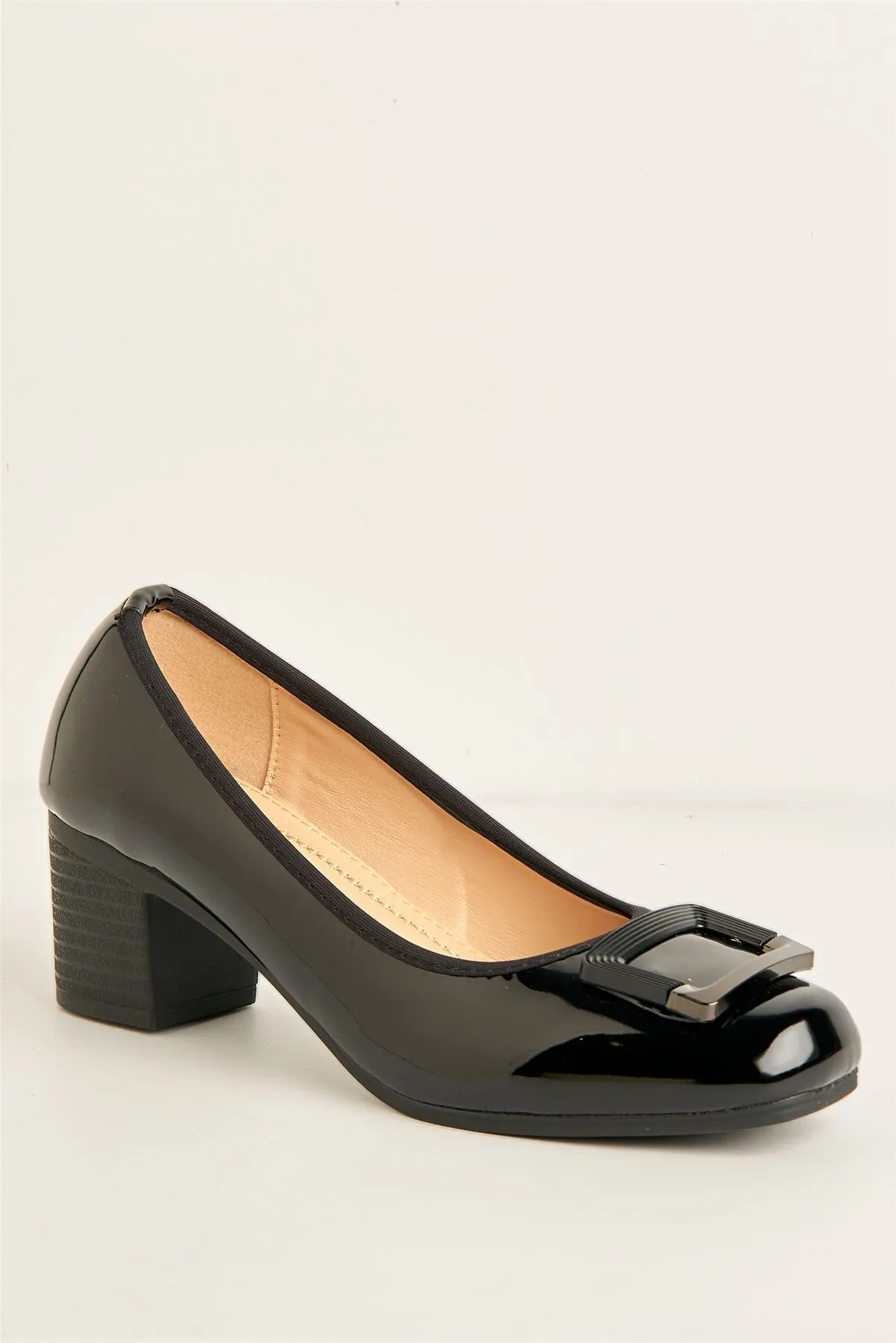 Pat Square Brooche Detail Low Heel Court Shoes in Black