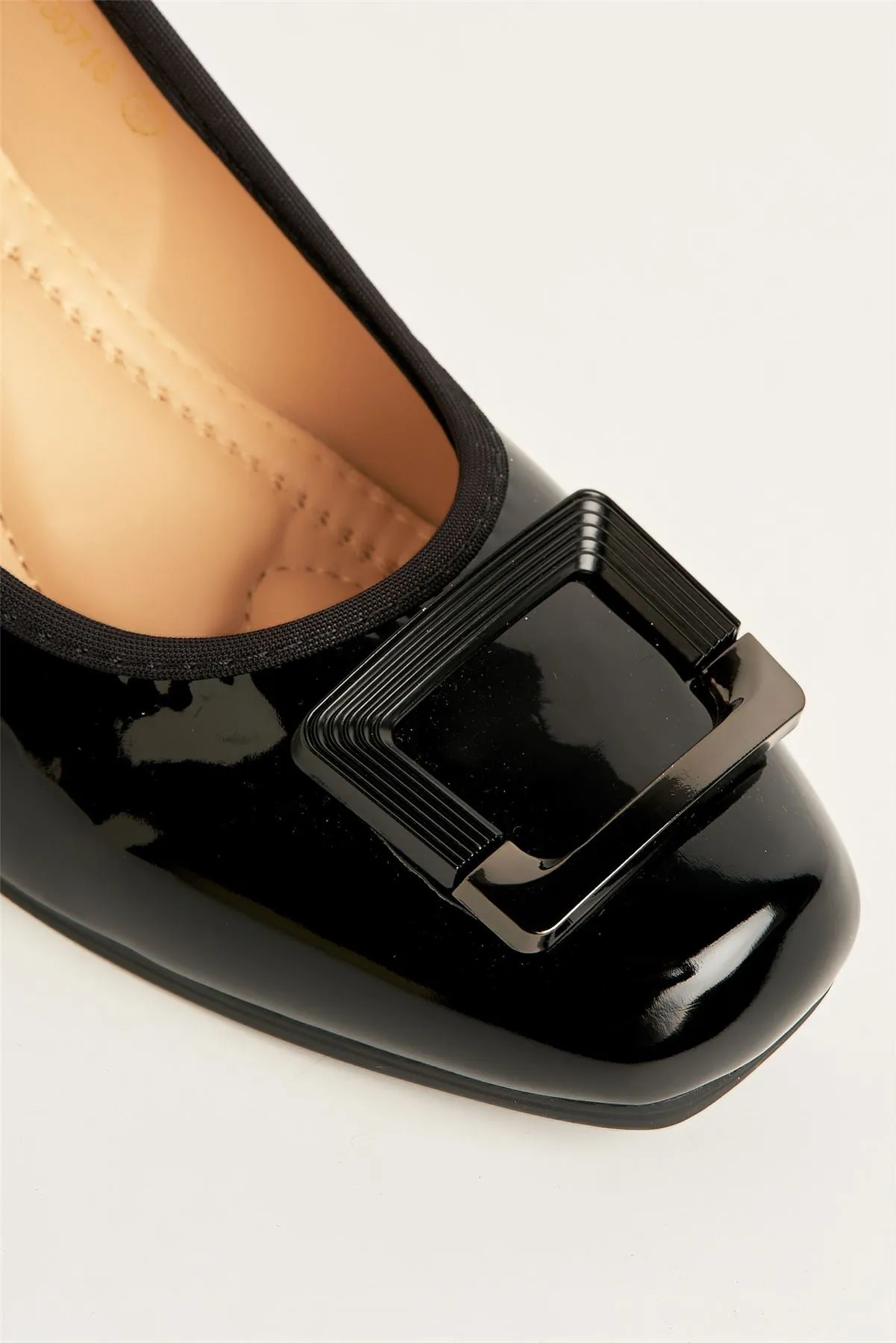 Pat Square Brooche Detail Low Heel Court Shoes in Black