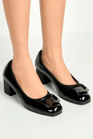 Pat Square Brooche Detail Low Heel Court Shoes in Black