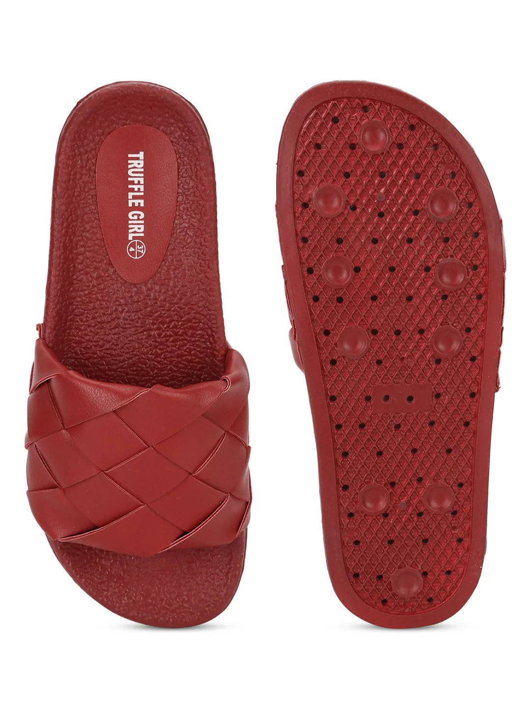 Red PU Weaved Slides