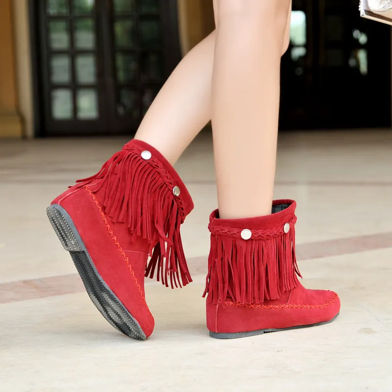 Retro bohemia tassels faux suede fringe booties for fall/winter