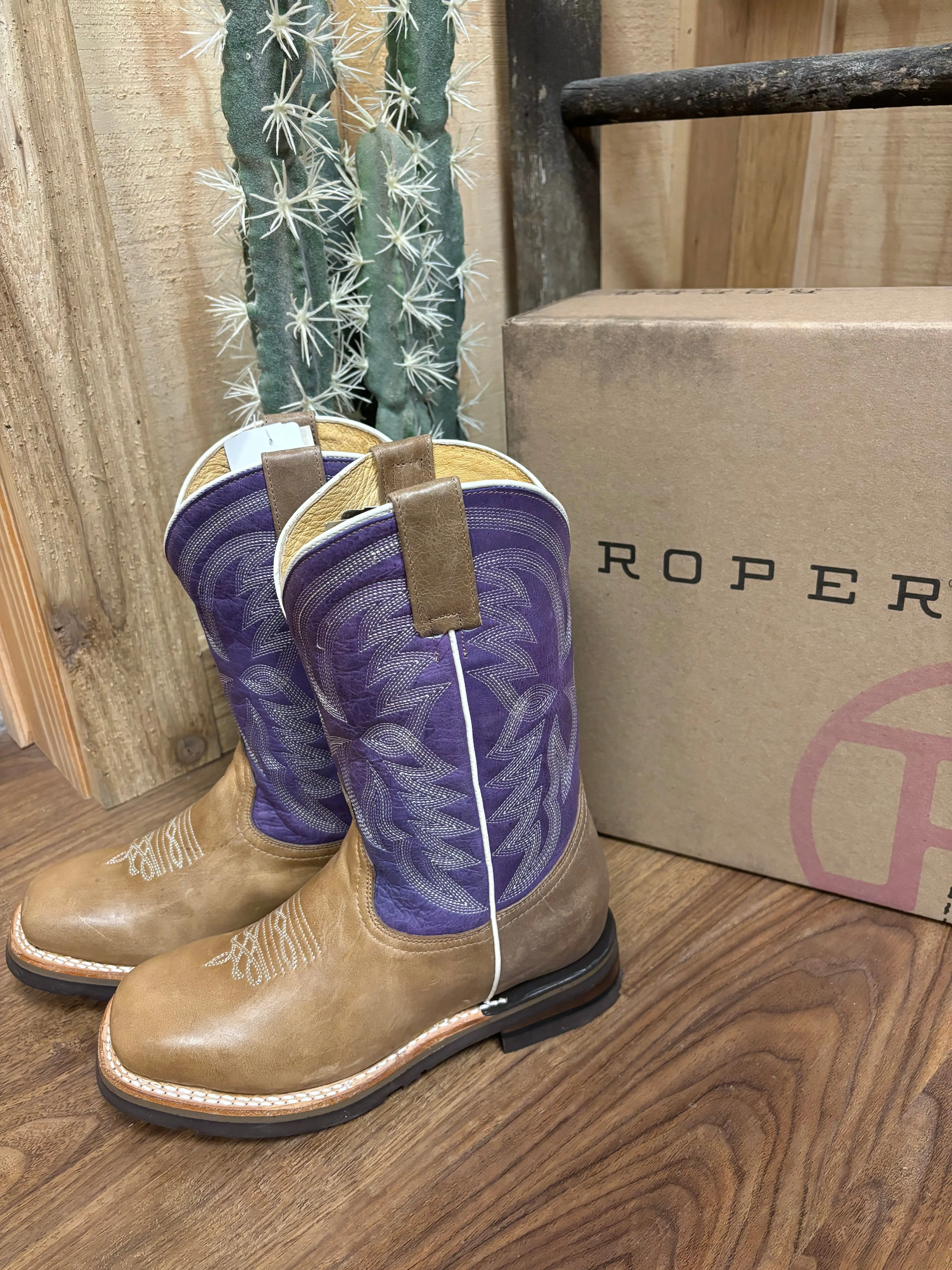 Roper Girl's Purple & Marbled Tan Square Toe Cowboy Boots 9991-0405