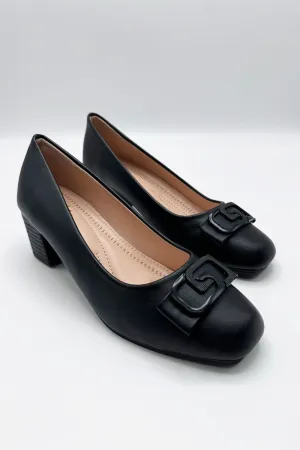 Savta Brooch Detail Block Heel Court Shoes in Black