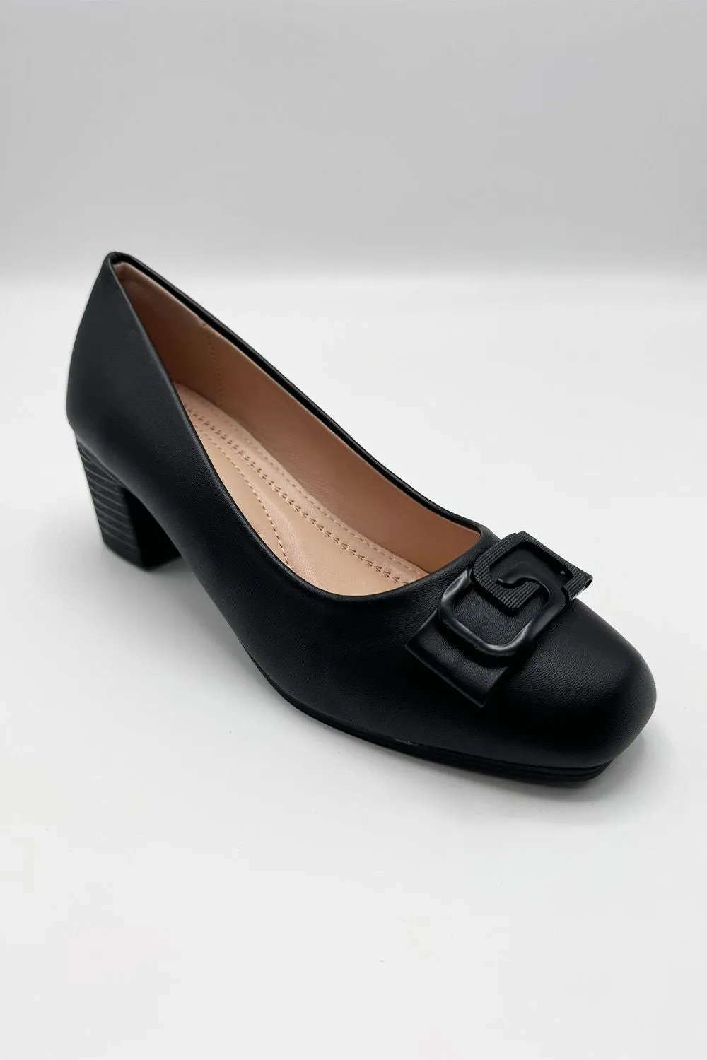 Savta Brooch Detail Block Heel Court Shoes in Black