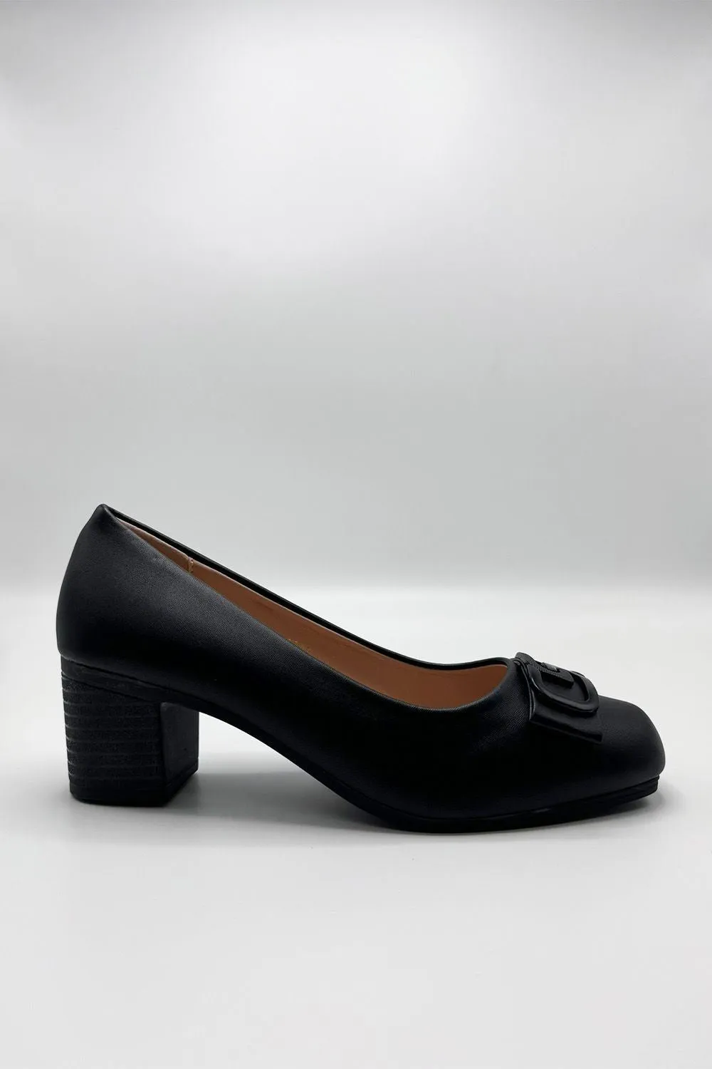 Savta Brooch Detail Block Heel Court Shoes in Black