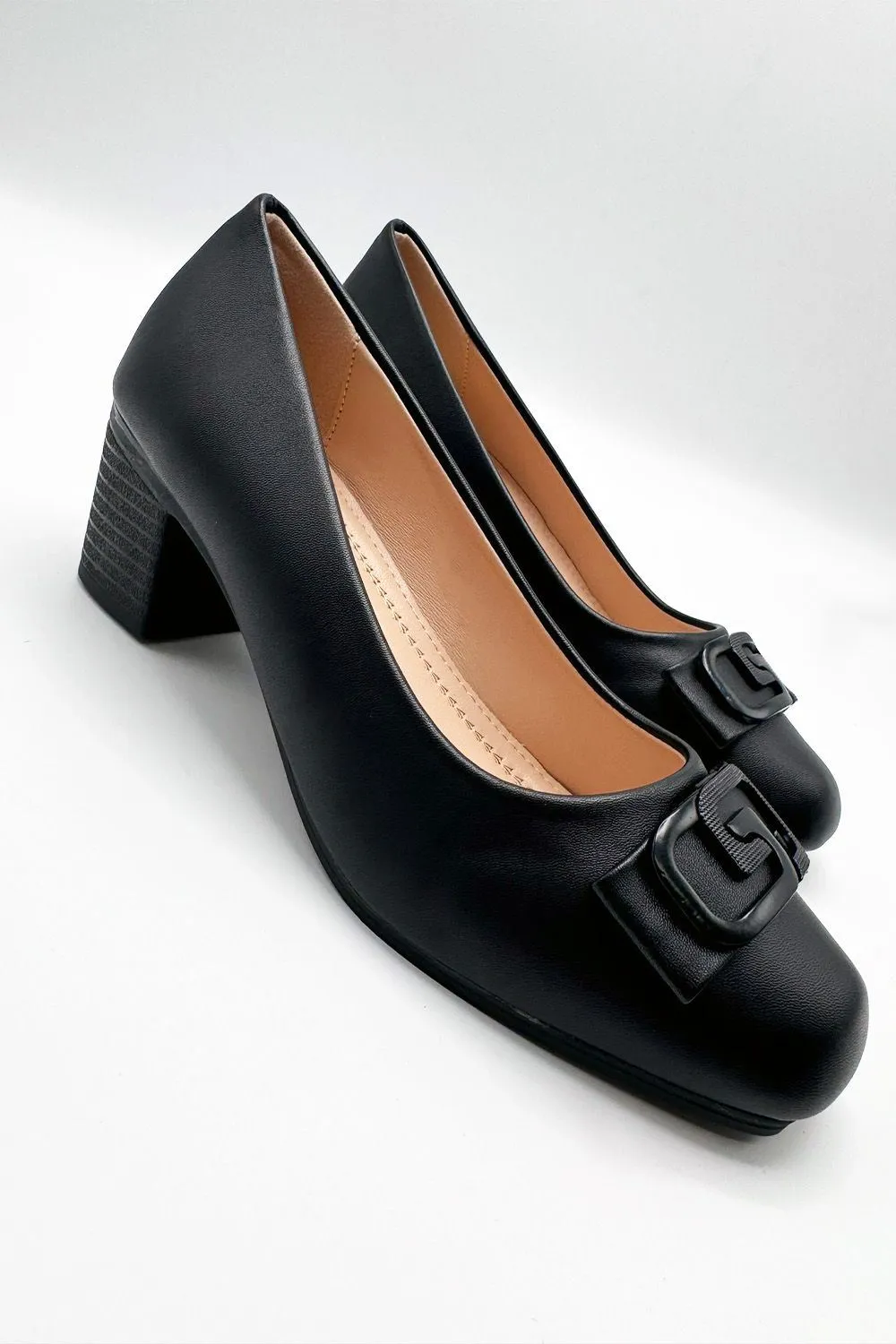 Savta Brooch Detail Block Heel Court Shoes in Black