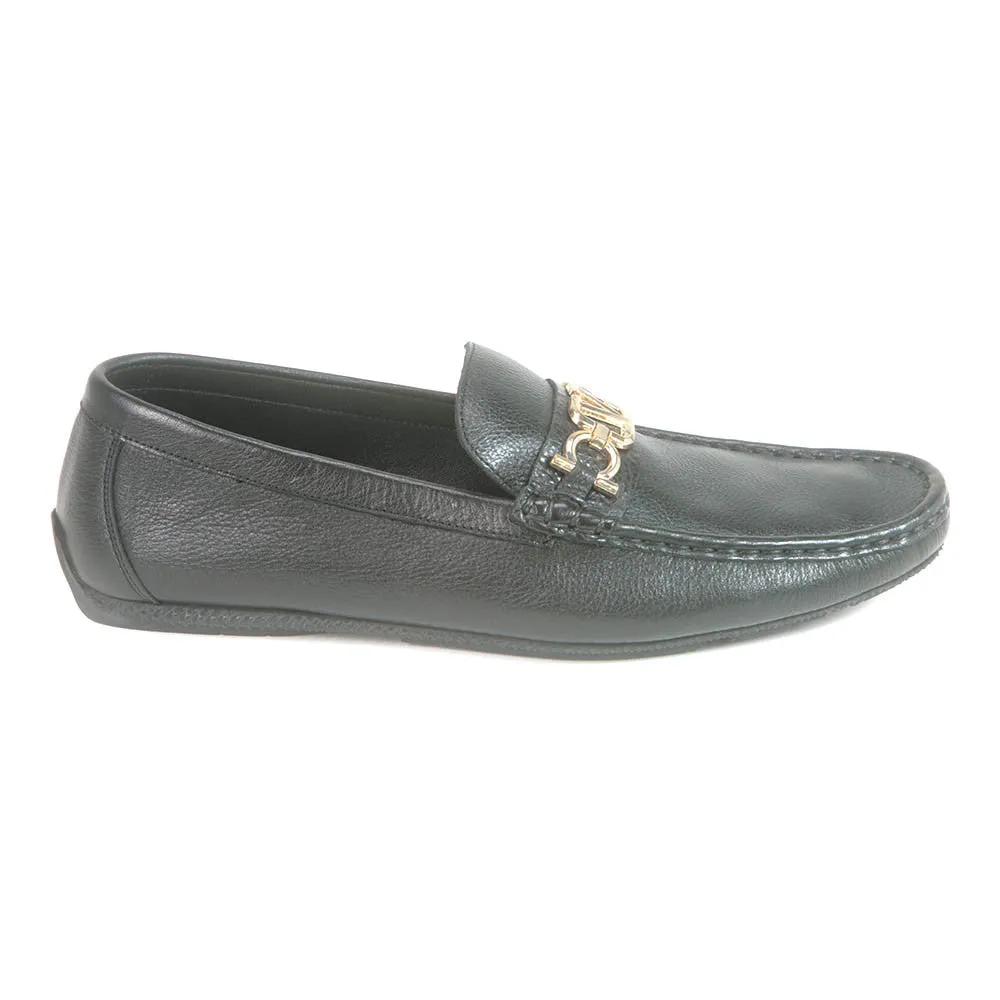 Sigotto Uomo Black Soft Leather Driving Loafer with V Logo