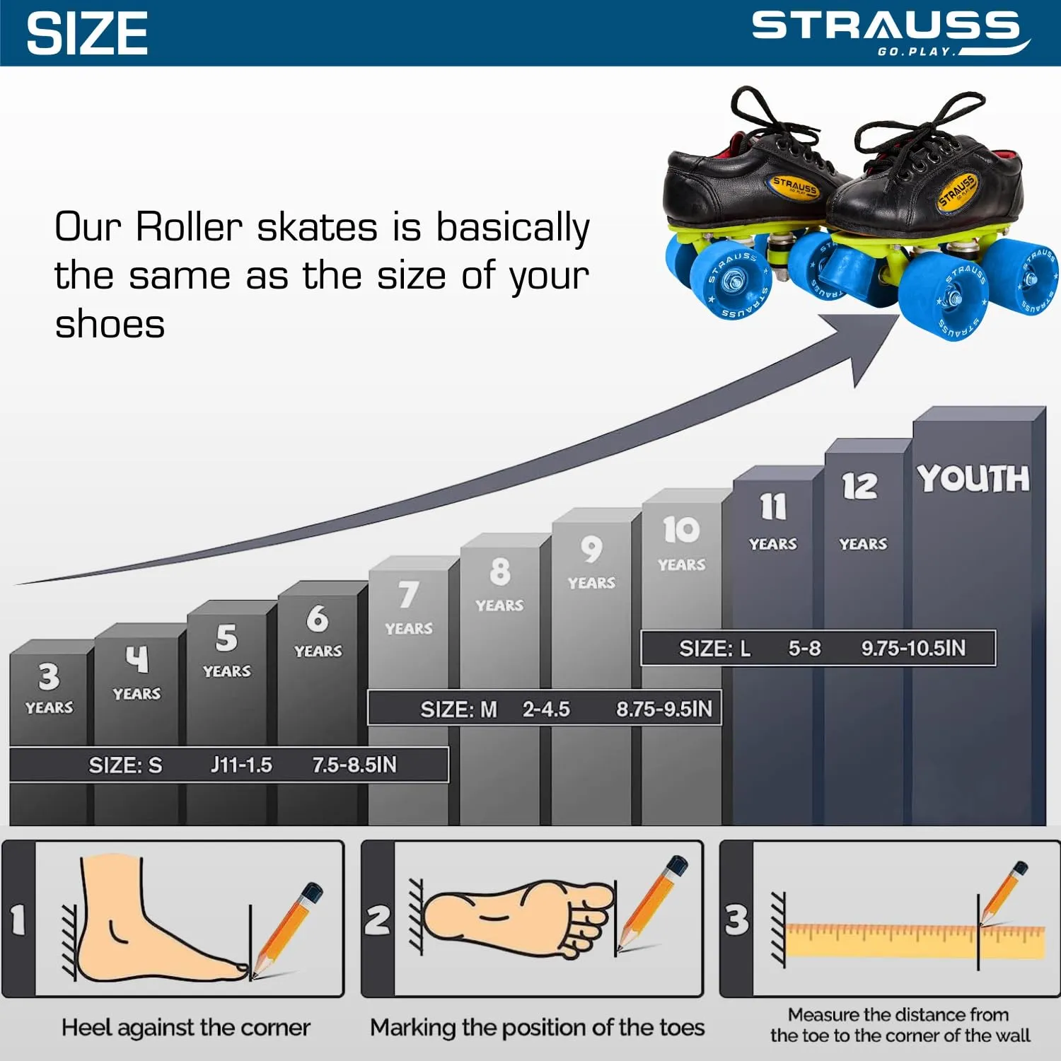 STRAUSS Gripper Adjustable Skating Shoes | Combo Set for Boys Kids and Girls| Size-7, (Blue/Black)