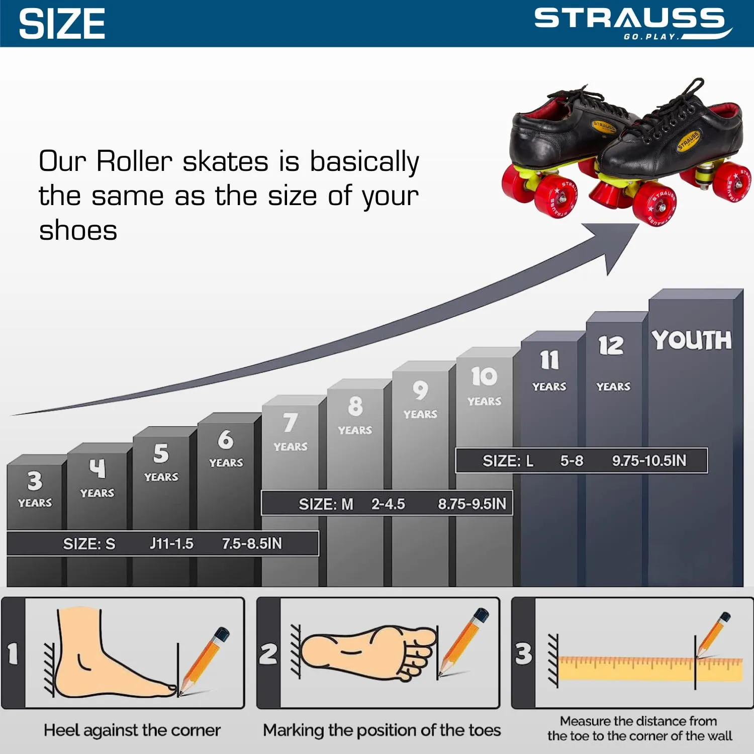 STRAUSS Gripper Skating Shoes | Fixed Body Roller Skates | Shoe Skate with PVC Wheel |Ideal for Boys, Girls and Kids |Suitable for All Skill Level | Ideal for Kids (5-6 Years), Size-11,(Red/Black)