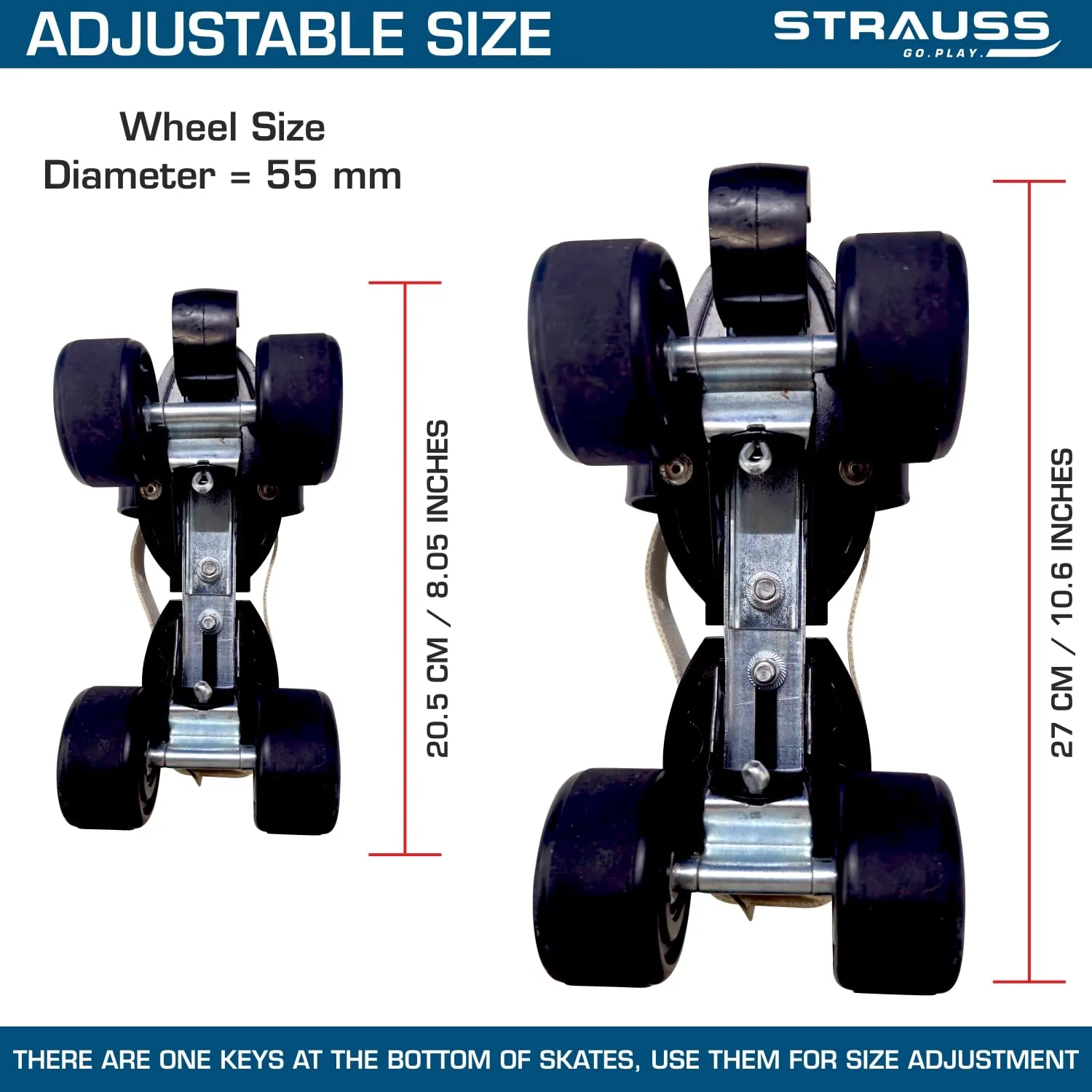 STRAUSS Junior Tenacity Roller Skates | Adjustable Shoe Size for kids | 4 Wheels Skates for Boys and Girls | for Indoor and Outdoor Skating | Age Group 3-7 Years | Weight Capacity upto 60kgs,(Black)