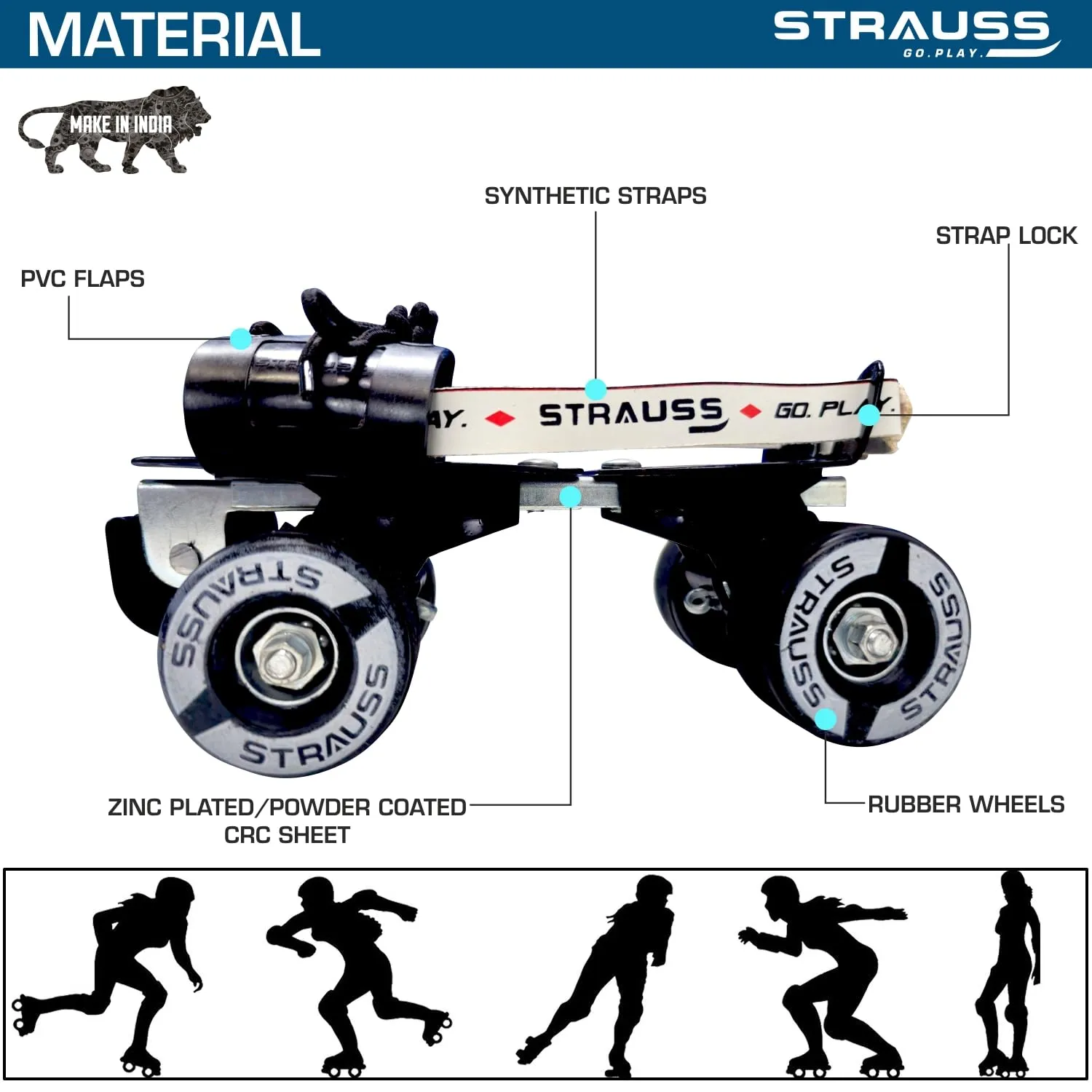 STRAUSS Junior Tenacity Roller Skates | Adjustable Shoe Size for kids | 4 Wheels Skates for Boys and Girls | for Indoor and Outdoor Skating | Age Group 3-7 Years | Weight Capacity upto 60kgs,(Black)