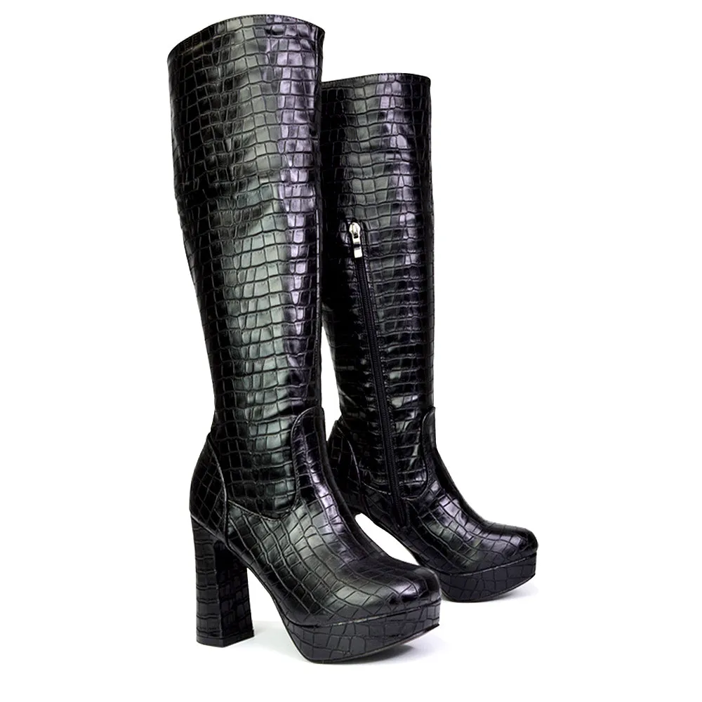 Theo Super Chunky Block High Heel Platform Knee High Boots For Winter in Black Synthetic Leather