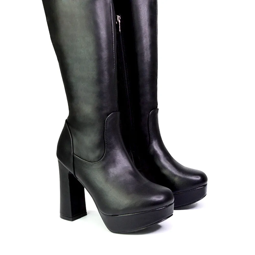 Theo Super Chunky Block High Heel Platform Knee High Boots For Winter in Black Synthetic Leather