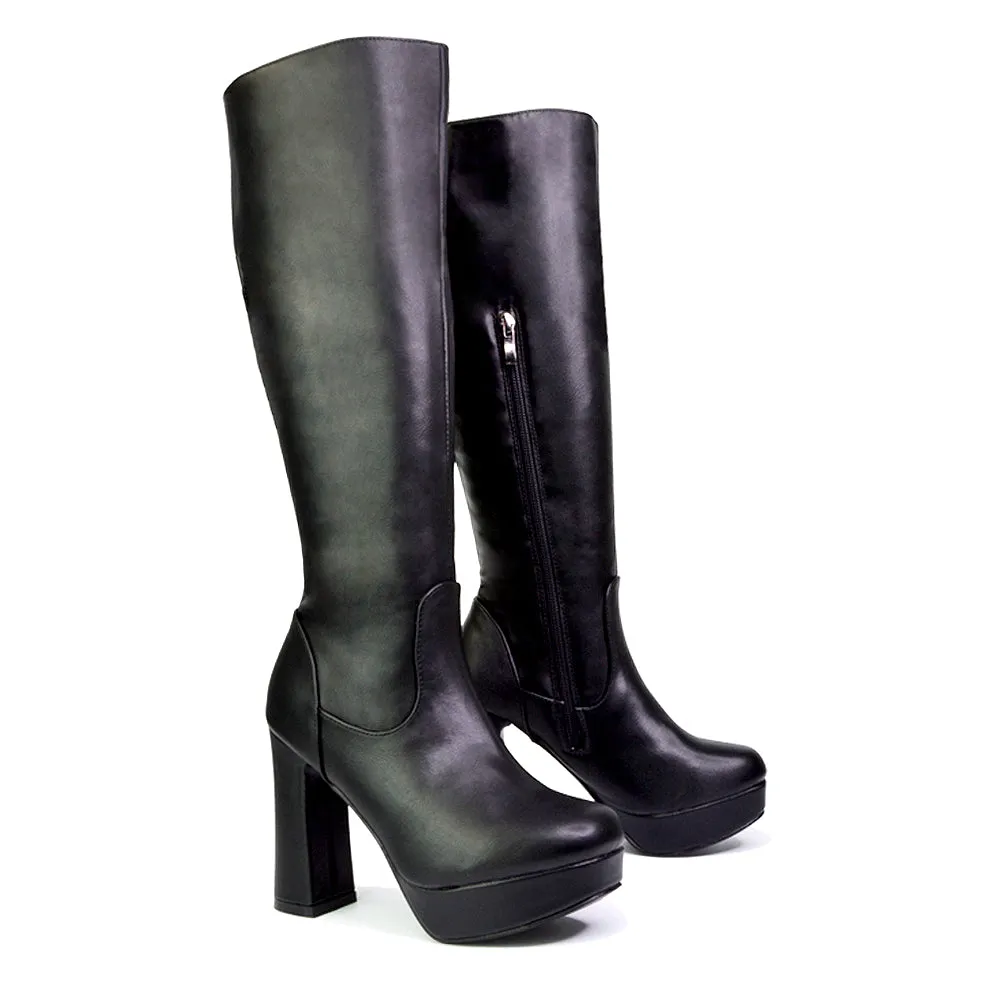 Theo Super Chunky Block High Heel Platform Knee High Boots For Winter in Black Synthetic Leather