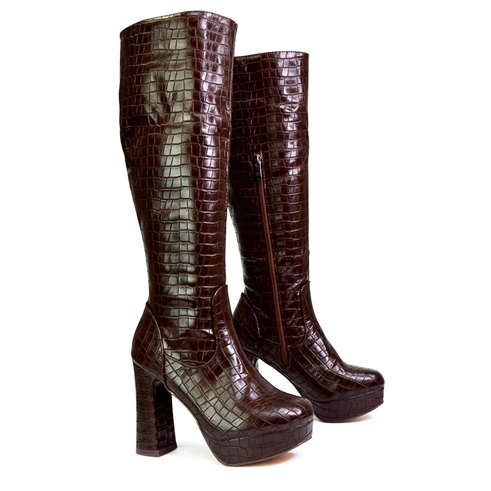 Theo Super Chunky Block High Heel Platform Knee High Boots For Winter in Black Synthetic Leather