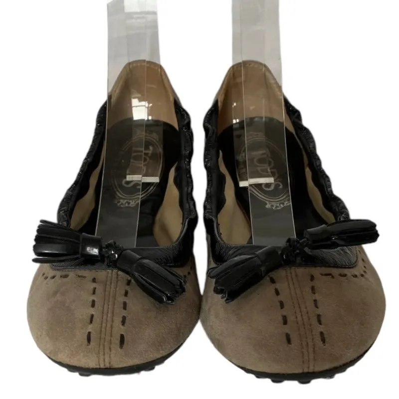 TOD’S Brown Suede, Black Patent Trim &Tassels Driving Ballet Flats, Size 37