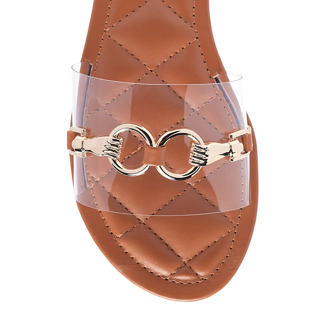 Transparent Buckled Quilted Slides in Tan