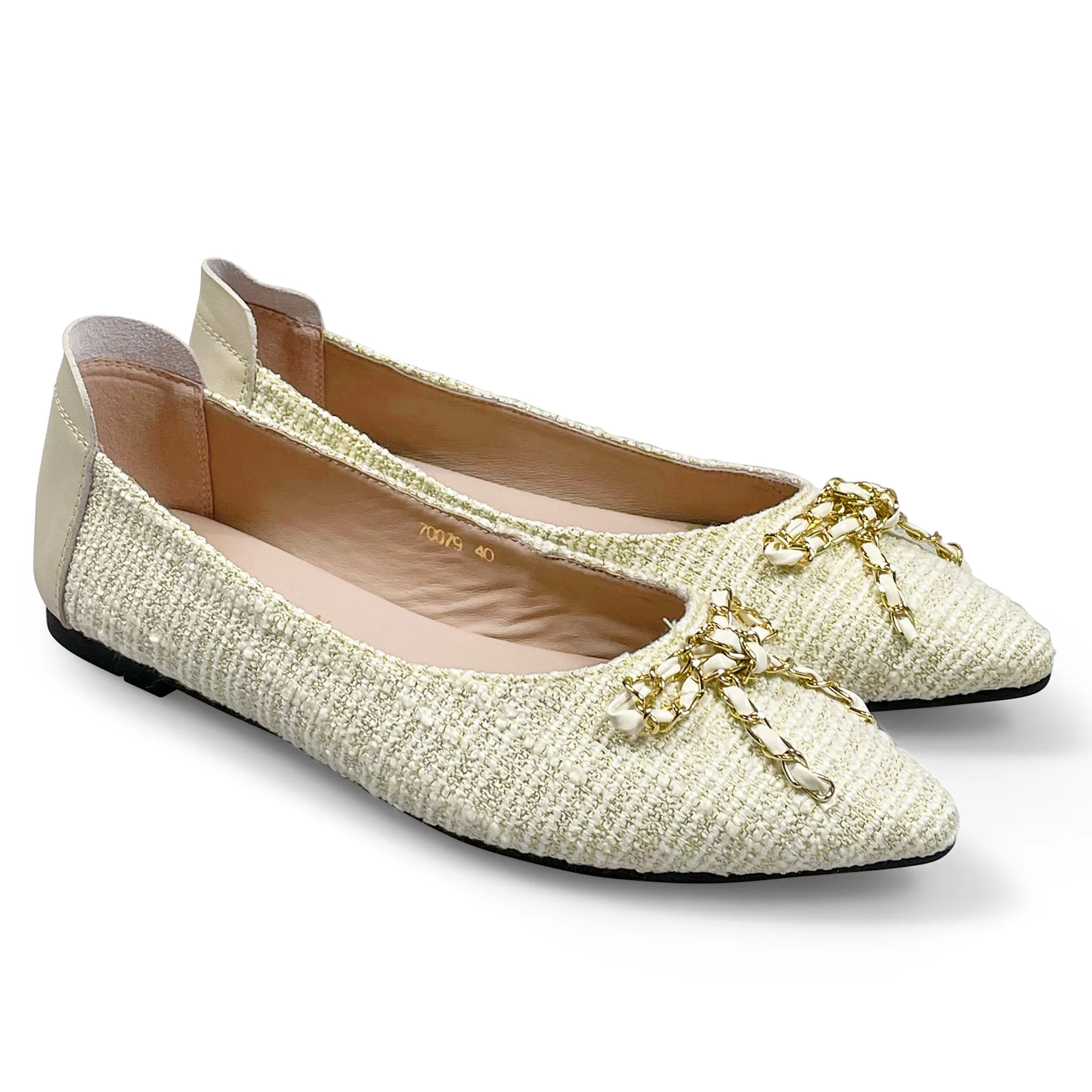 Vaness tweed flats with gold chain ribbon