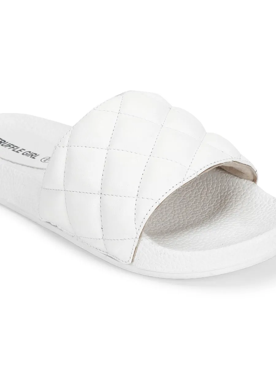 White PU Crisscross Quilted Slip Ons