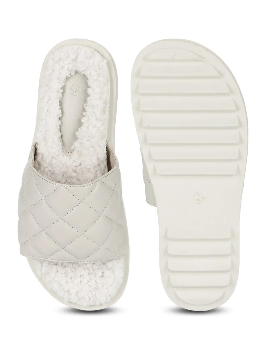 White PU Faux Fur Quilted Slip Ons (TC-RLST7-WHT)