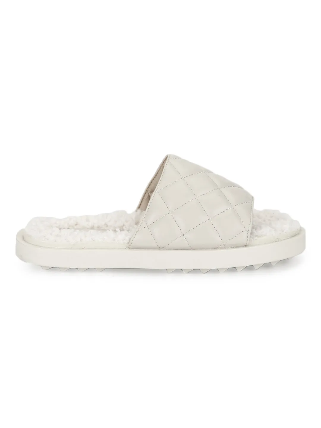 White PU Faux Fur Quilted Slip Ons (TC-RLST7-WHT)