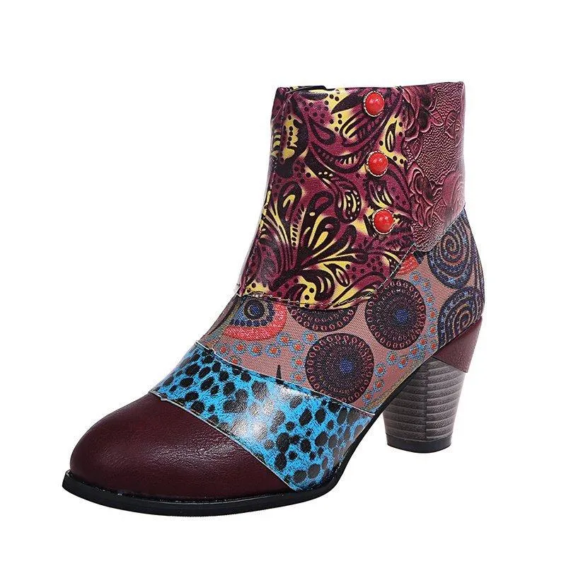 Women retro flowers printed side zipper chunky high heeled booties