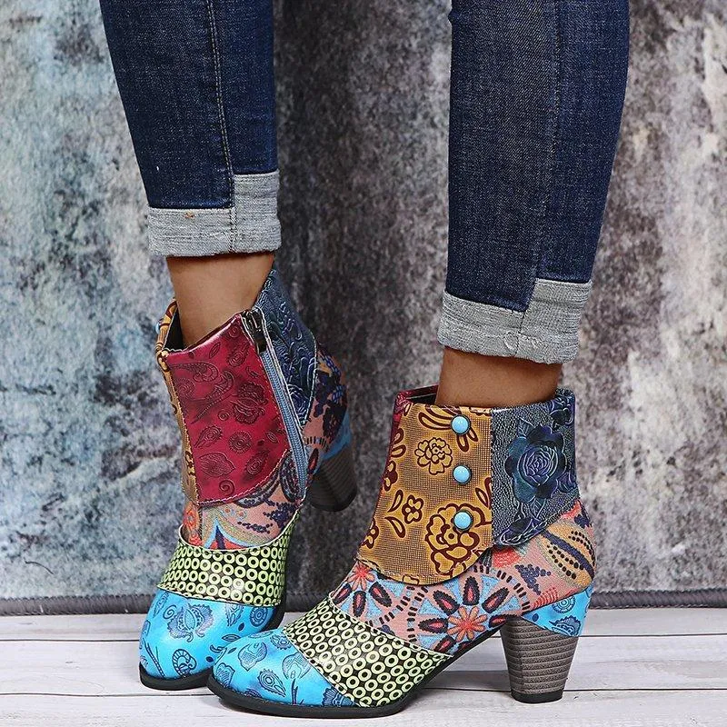 Women retro flowers printed side zipper chunky high heeled booties