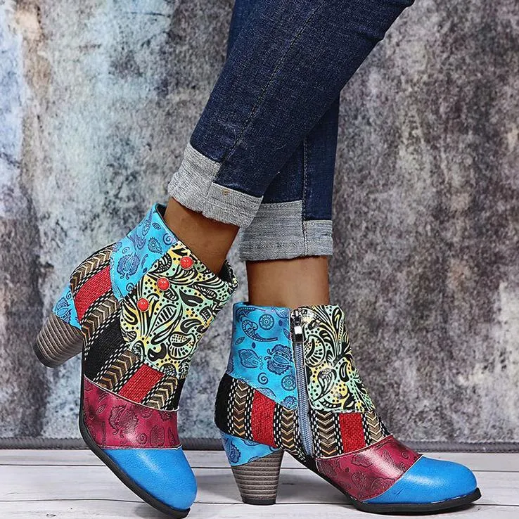 Women retro flowers printed side zipper chunky high heeled booties