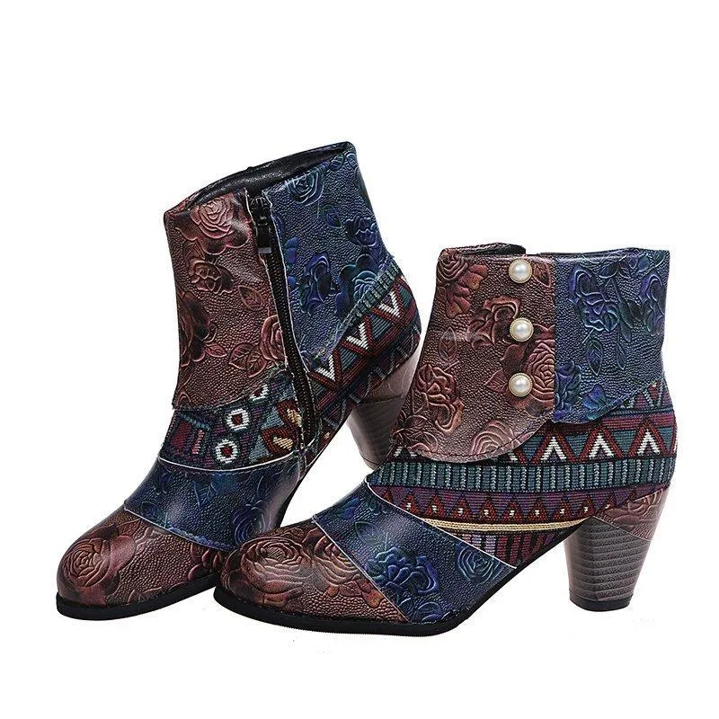 Women retro flowers printed side zipper chunky high heeled booties