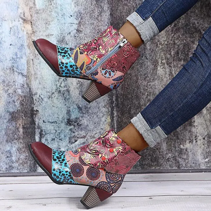 Women retro flowers printed side zipper chunky high heeled booties