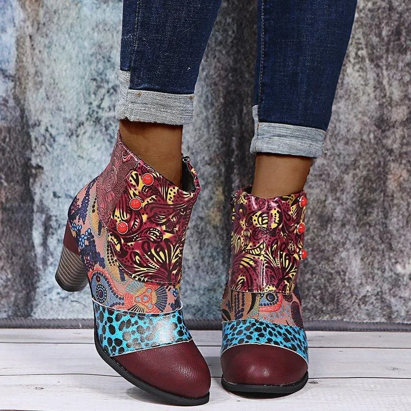 Women retro flowers printed side zipper chunky high heeled booties